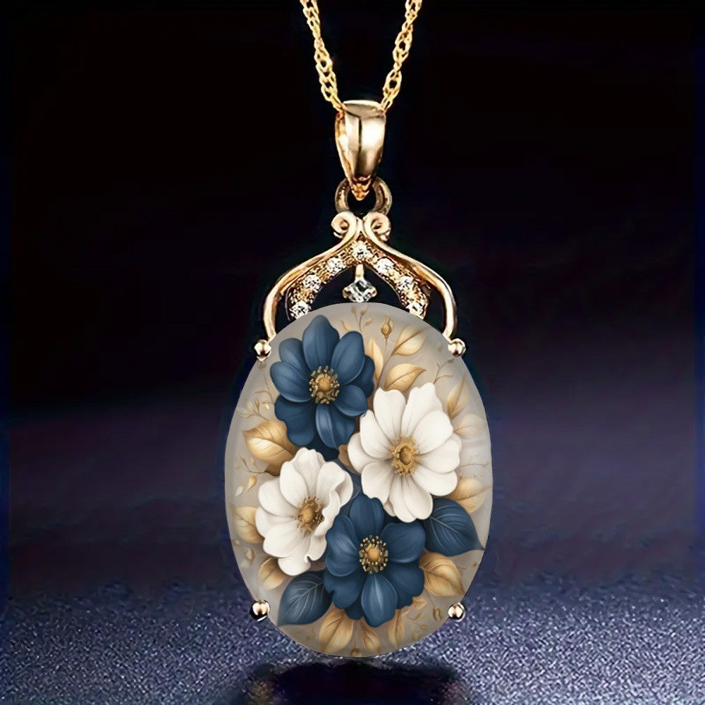 Blue & White Floral Oval Pendant Necklace