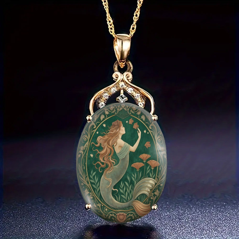 Green Mermaid Oval Pendant Necklace