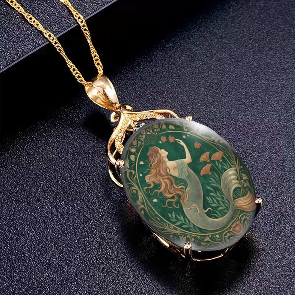 Green Mermaid Oval Pendant Necklace