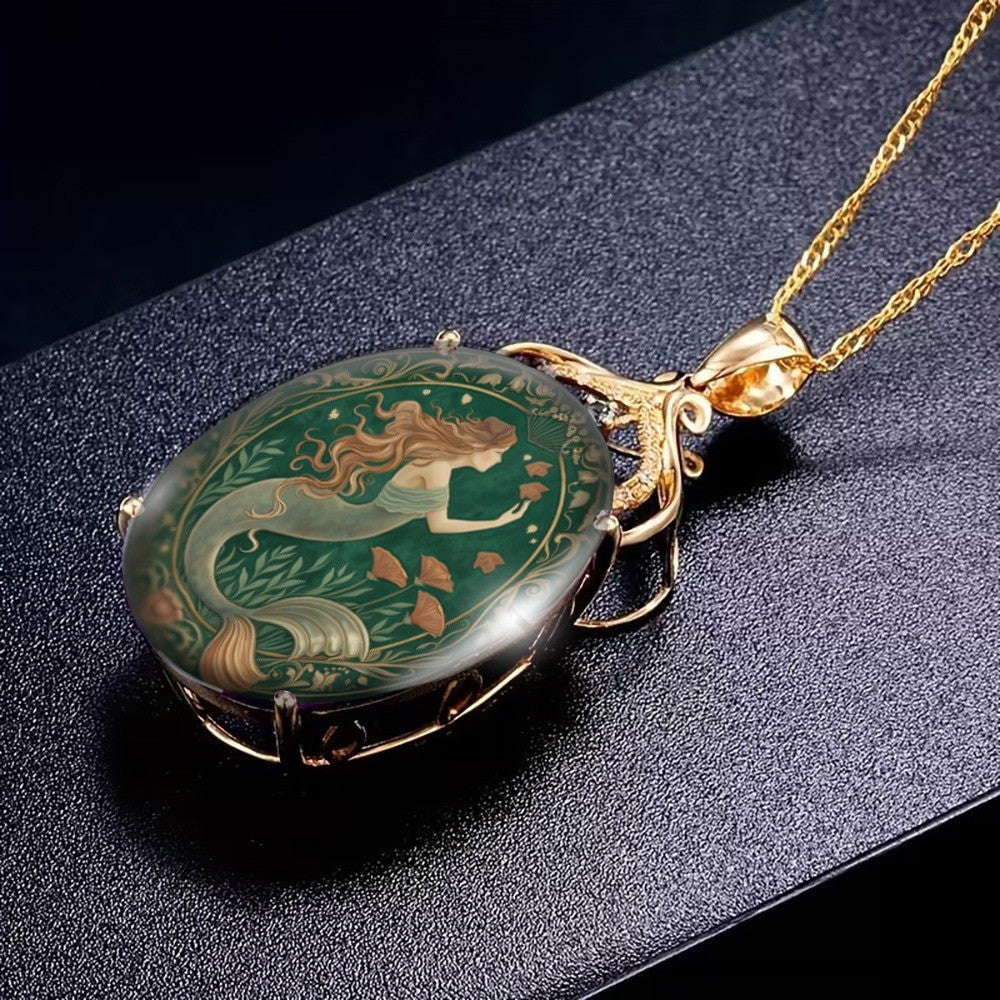 Green Mermaid Oval Pendant Necklace