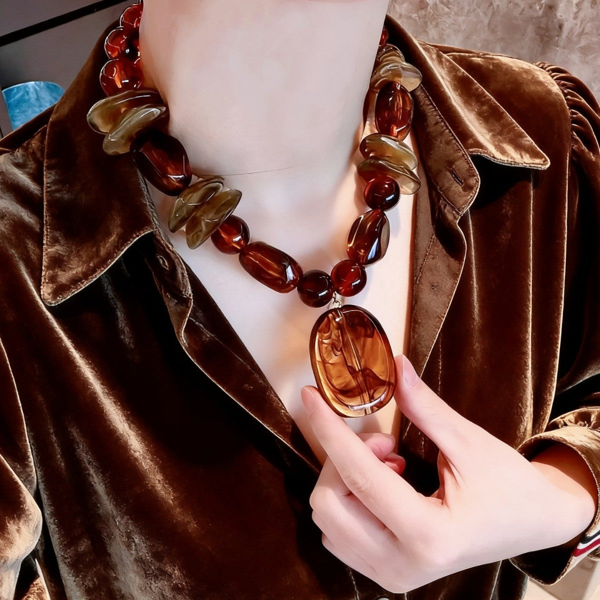 Amber Tonal Oval Pendant Necklace