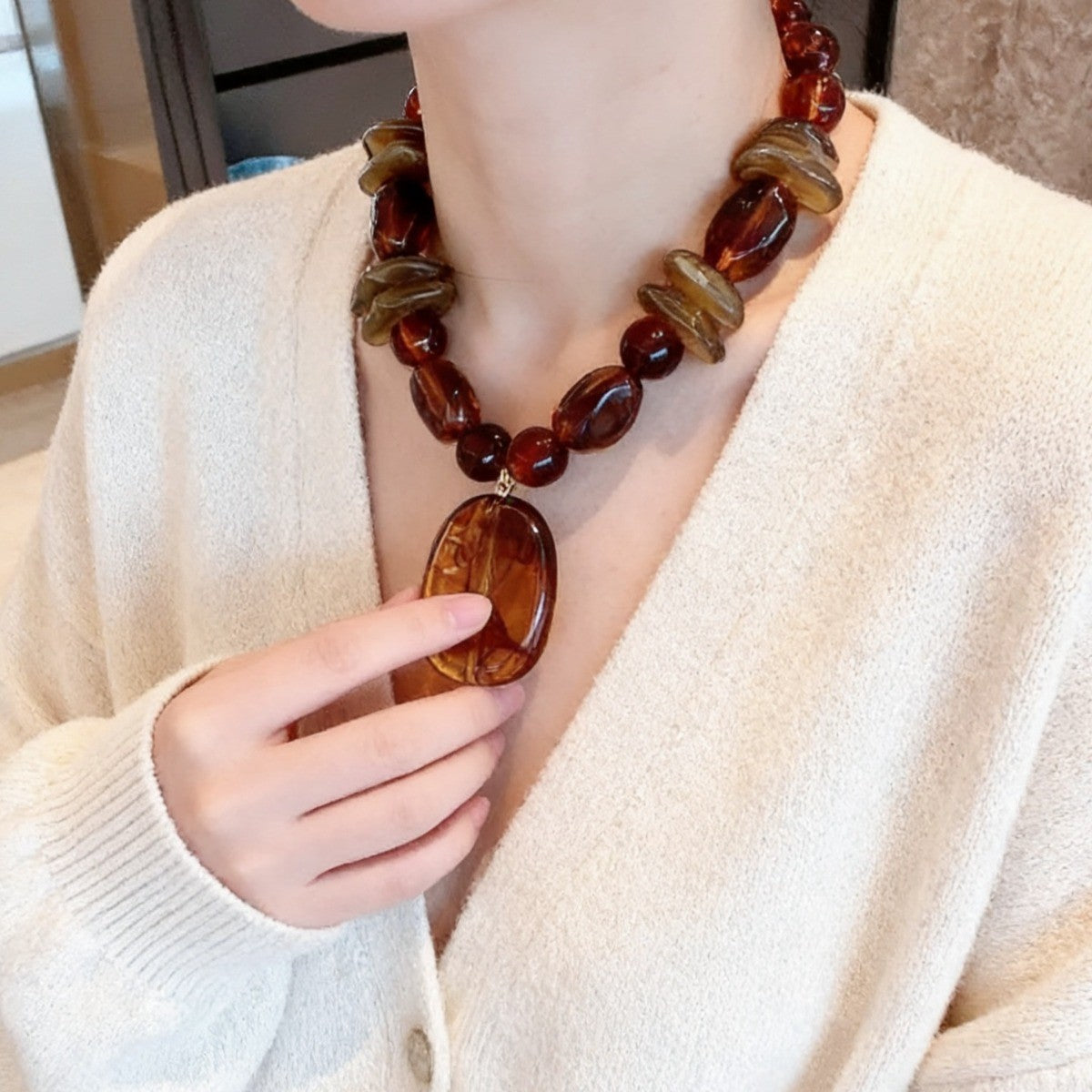 Amber Tonal Oval Pendant Necklace