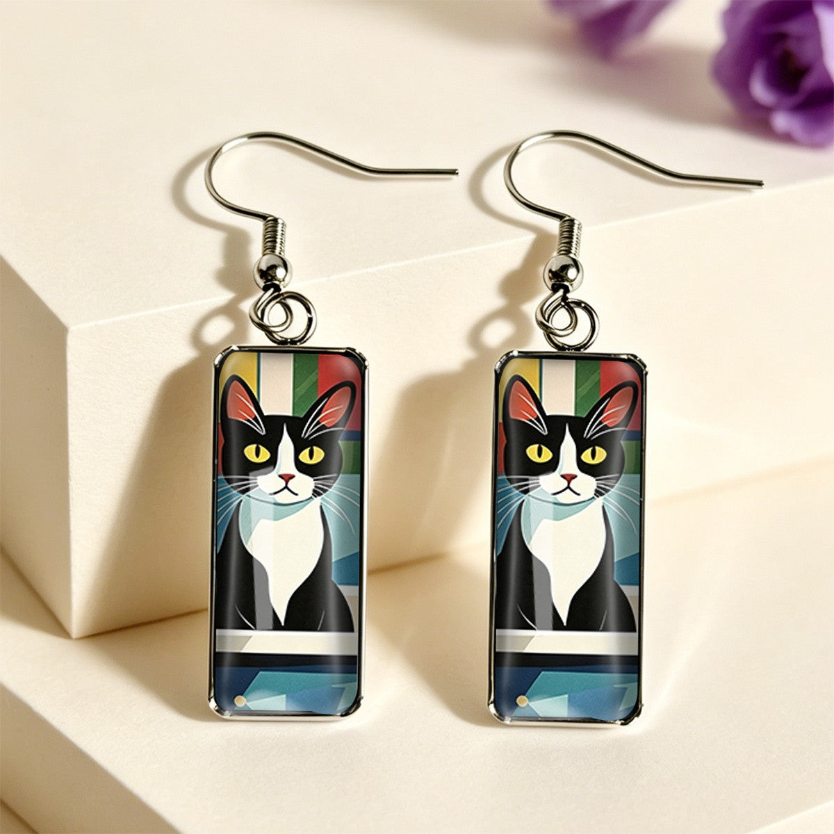 Colorful Striped Cat Rectangle Earrings