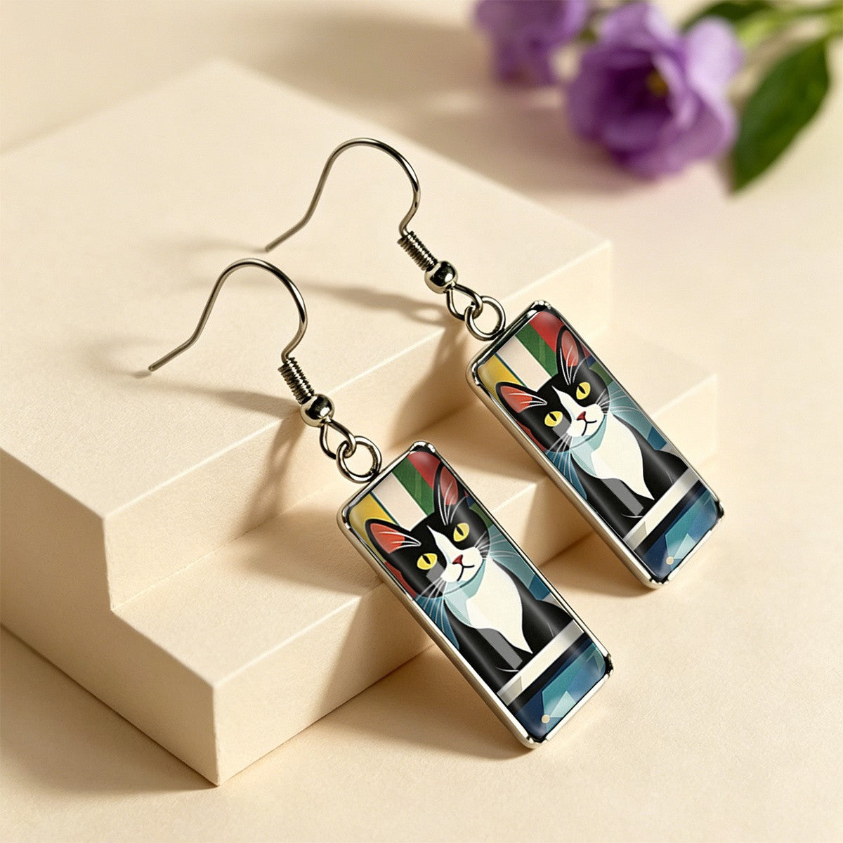 Colorful Striped Cat Rectangle Earrings