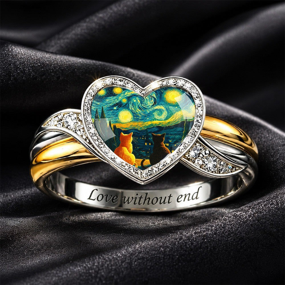White Starry Night Cat Heart Ring