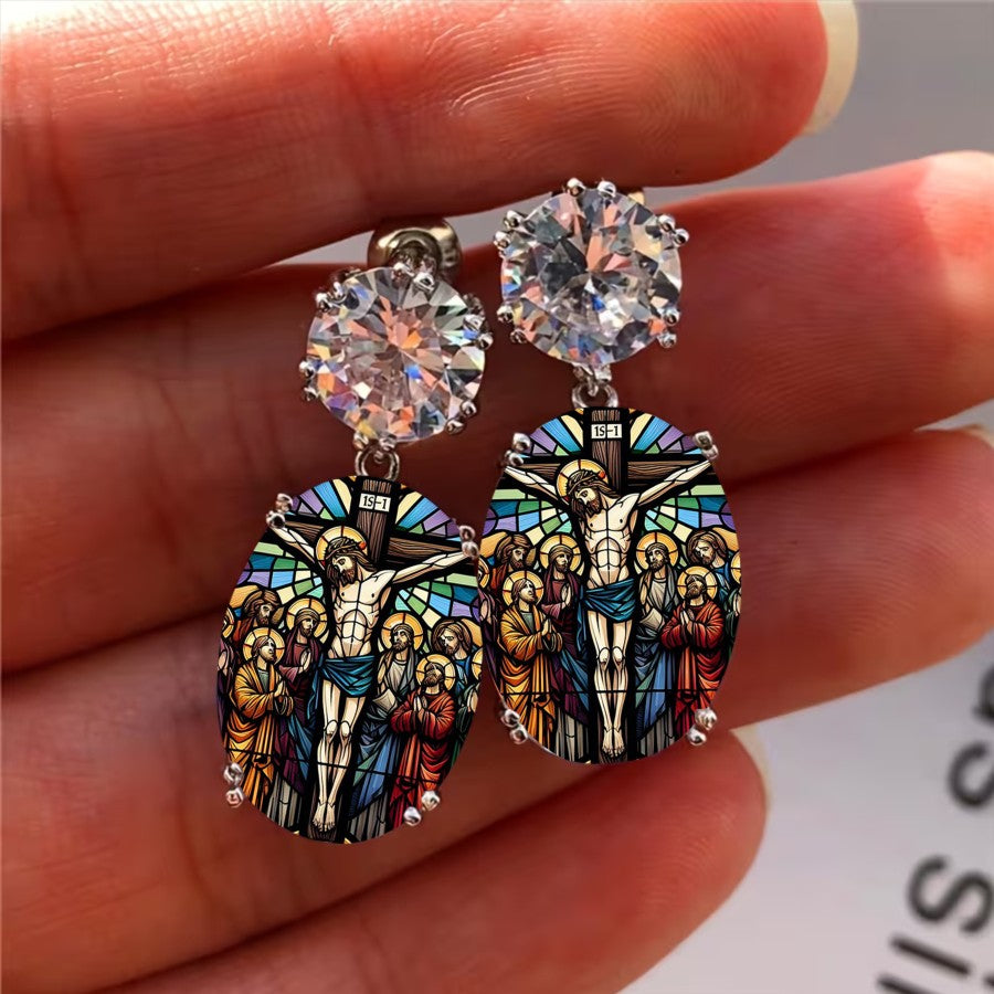 Stained Glass Crucifix Drop Earrings