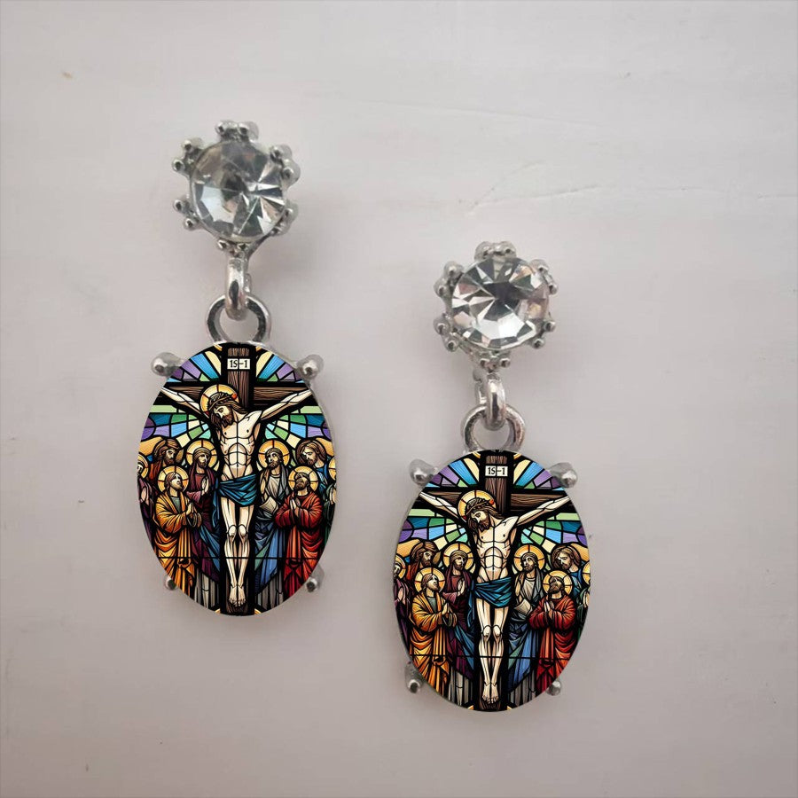 Stained Glass Crucifix Drop Earrings