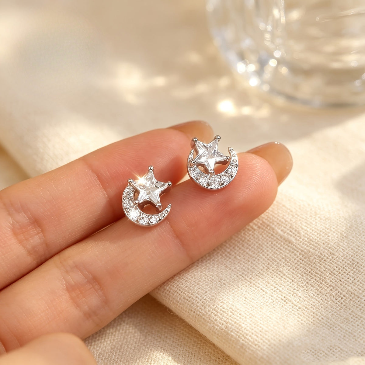 Star & Moon Crystal Stud Earrings