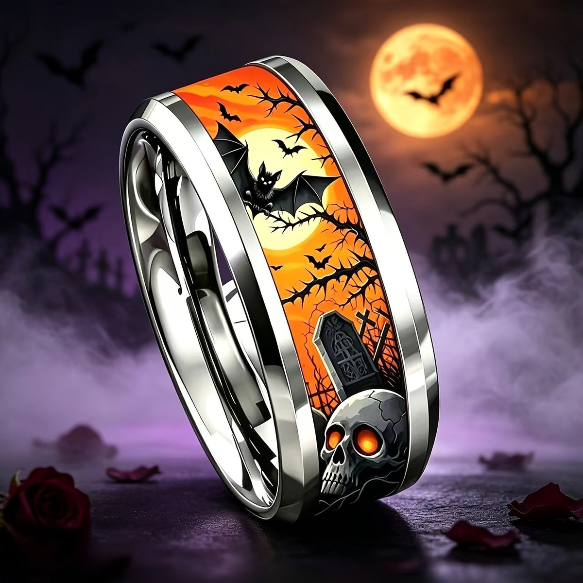 Gothic Skull & Bat Ring