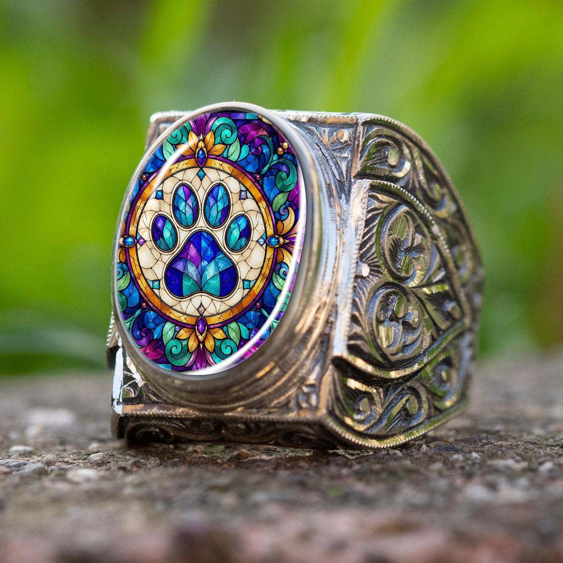 Ornate Stained Glass Paw Ring