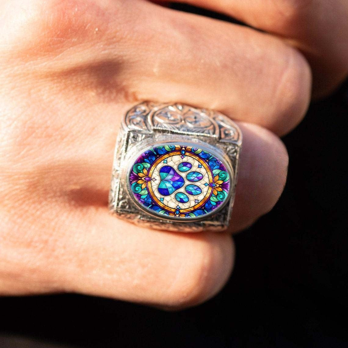 Ornate Stained Glass Paw Ring
