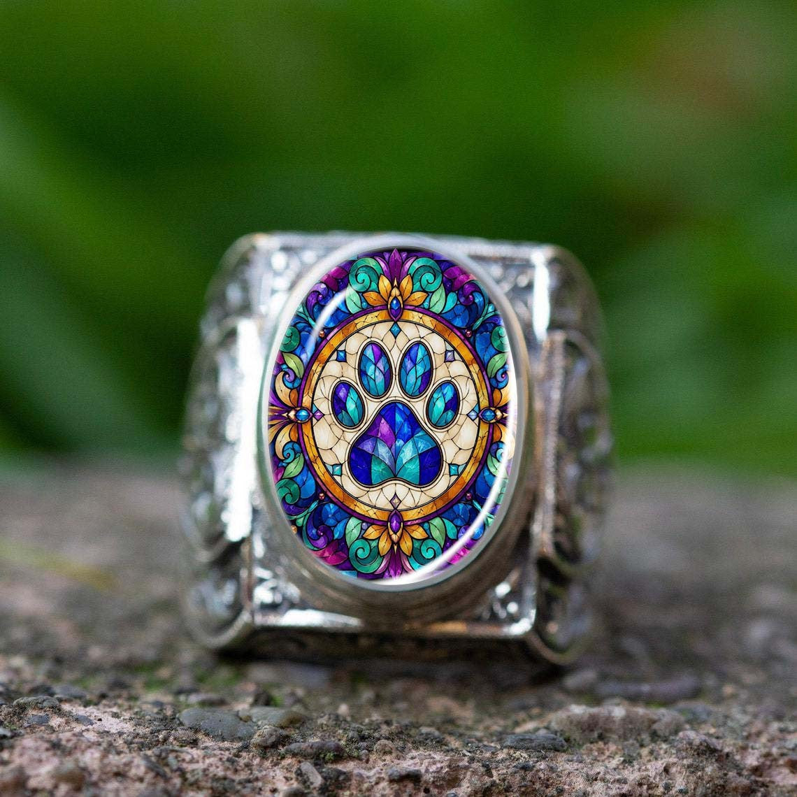 Ornate Stained Glass Paw Ring