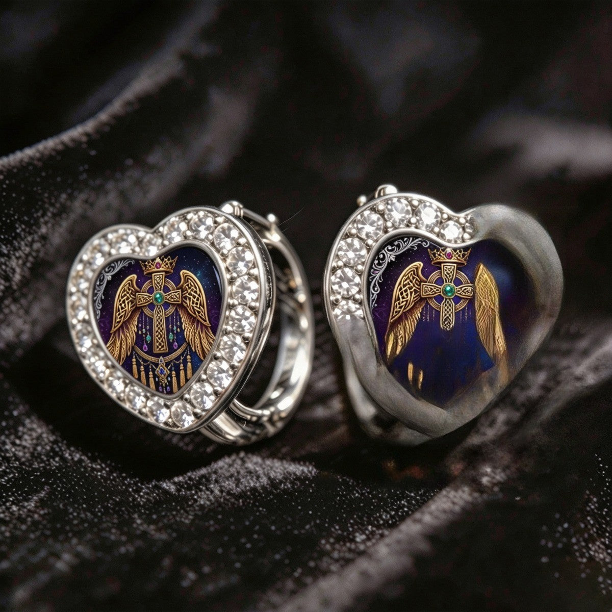 Winged Cross Heart Huggie Earrings