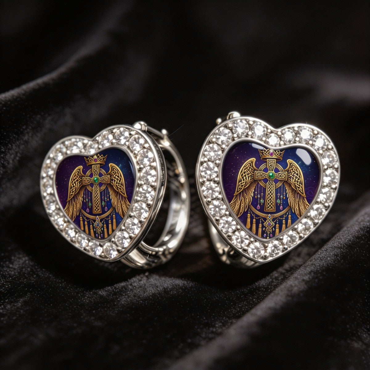 Winged Cross Heart Huggie Earrings