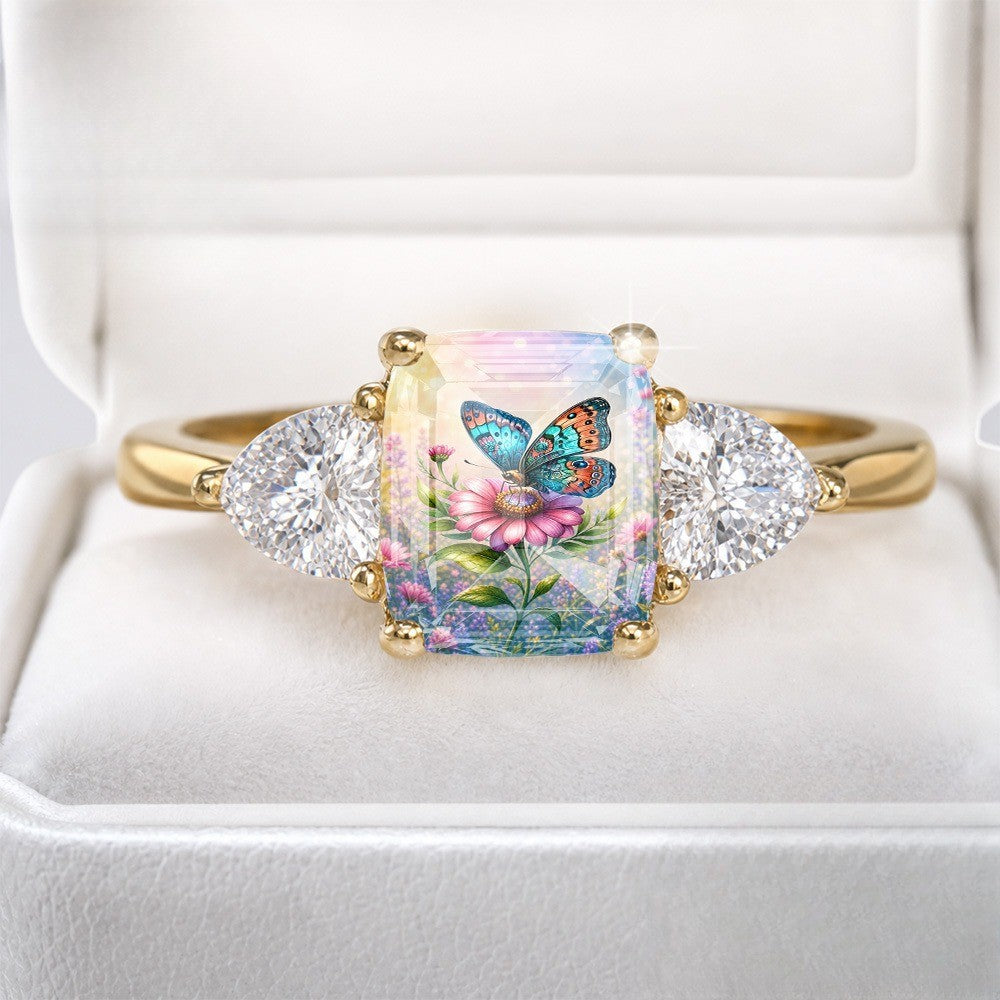 Butterfly & Pink Flower Square Ring