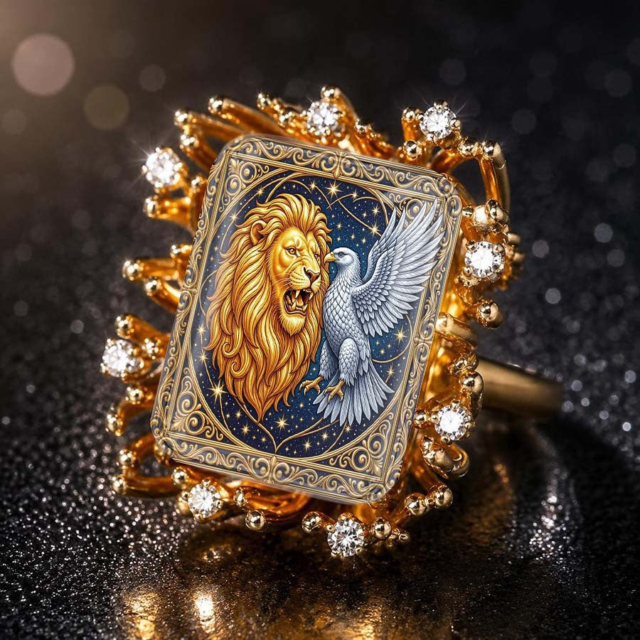 Lion & Eagle Enamel Square Ring