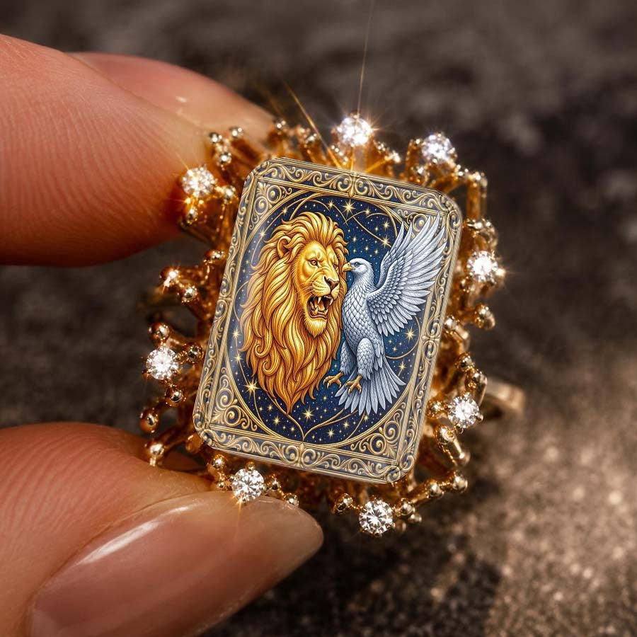 Lion & Eagle Enamel Square Ring