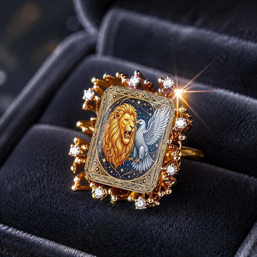 Lion & Eagle Enamel Square Ring