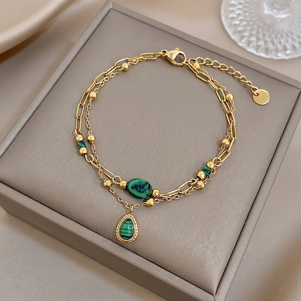 Green Stone Figaro Link Bracelet
