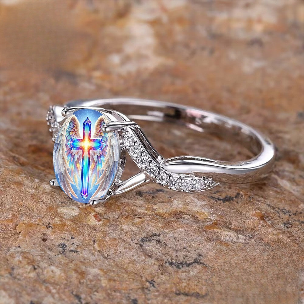 Winged Cross Twisted Band Ring