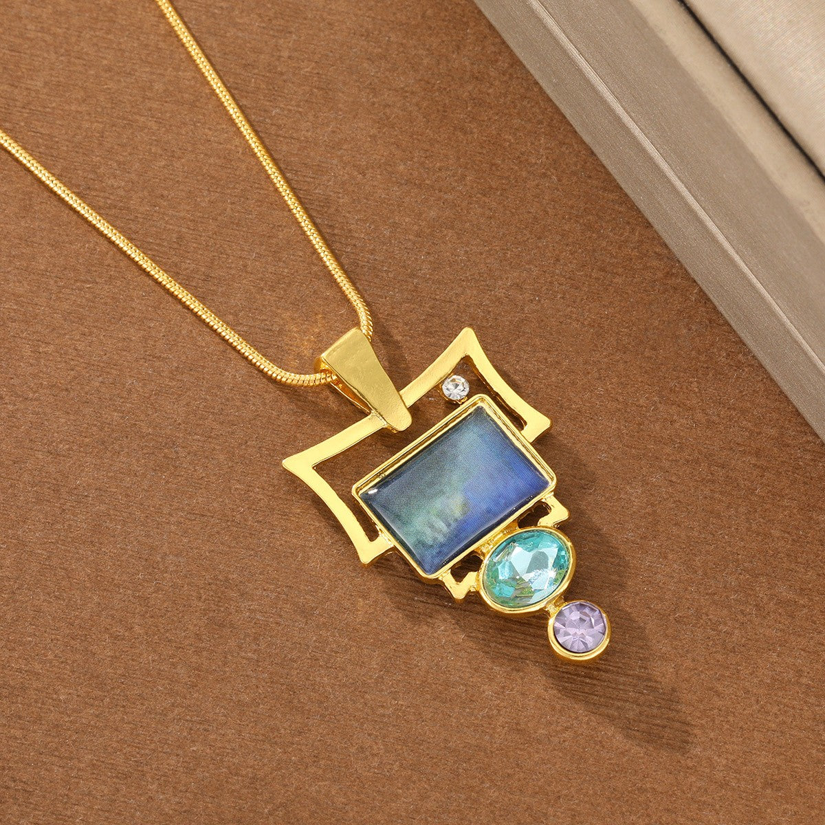 Geometric Blue Opal Pendant Necklace
