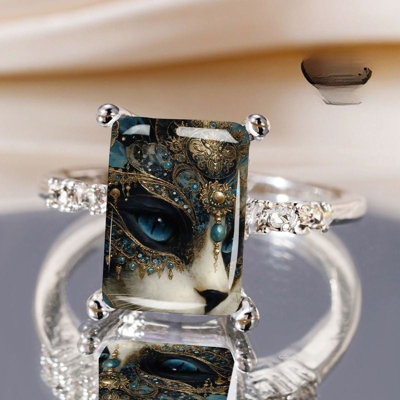 Ornate Blue Cat Eye Rectangular Ring