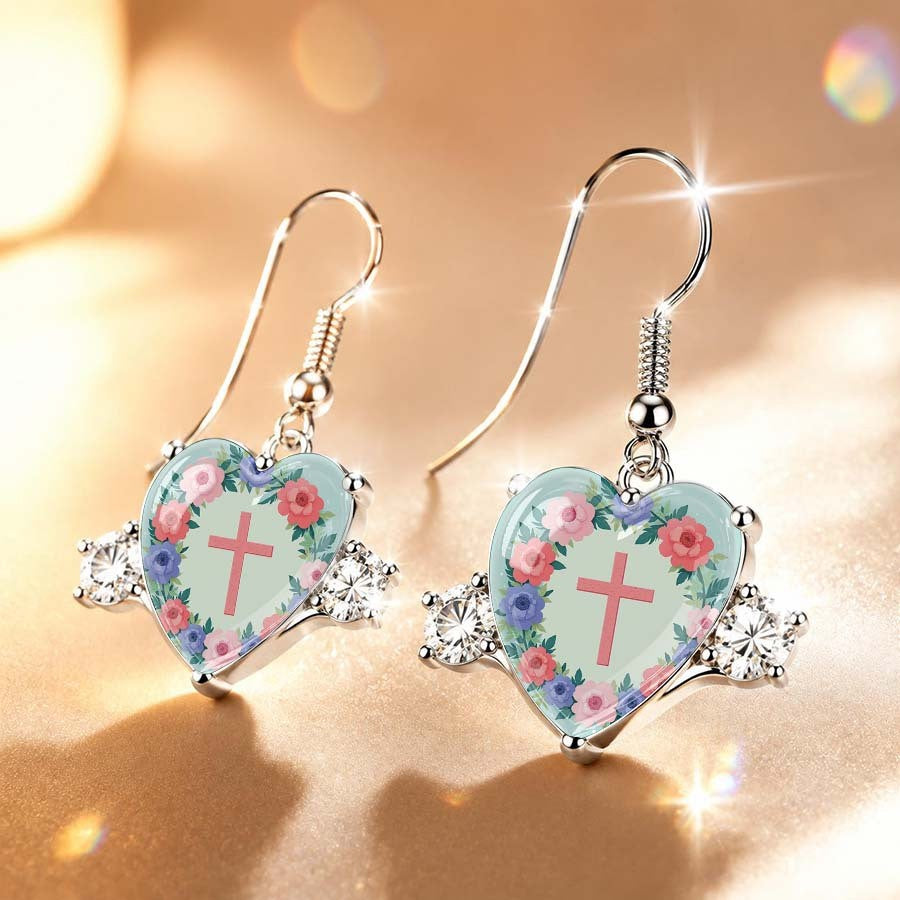 Floral Cross Heart Drop Earrings