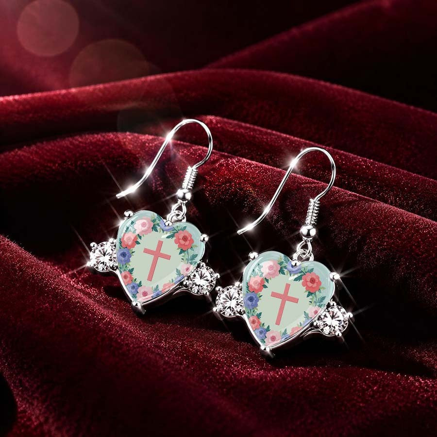 Floral Cross Heart Drop Earrings