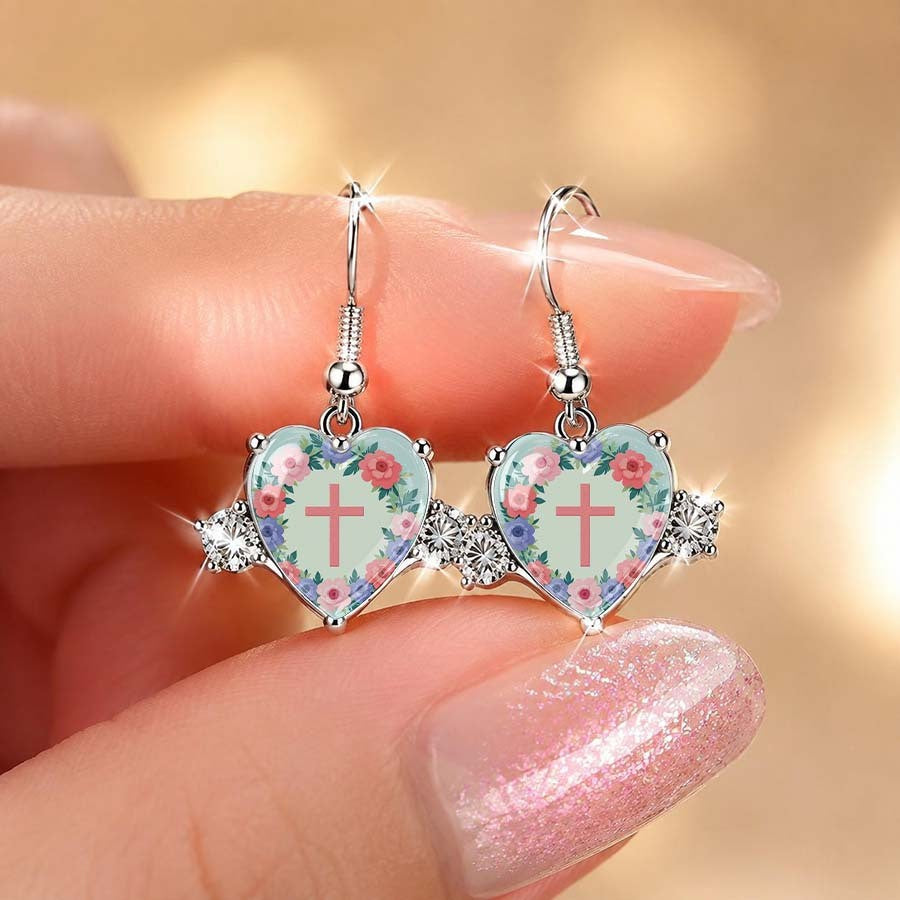 Floral Cross Heart Drop Earrings
