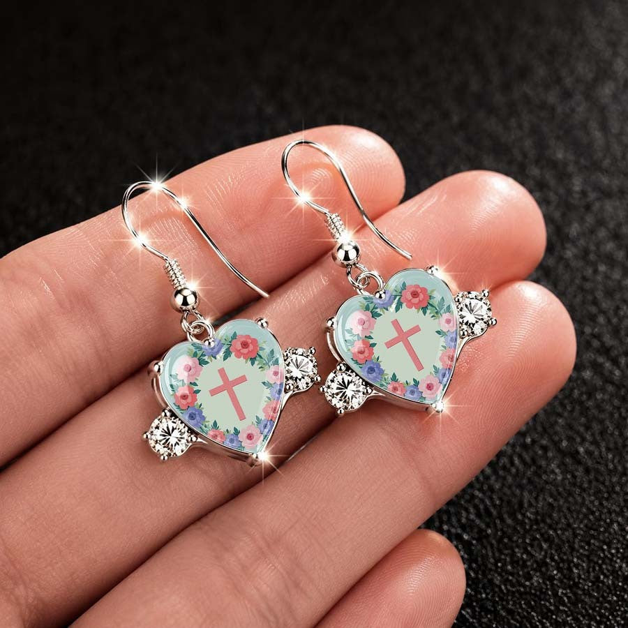 Floral Cross Heart Drop Earrings