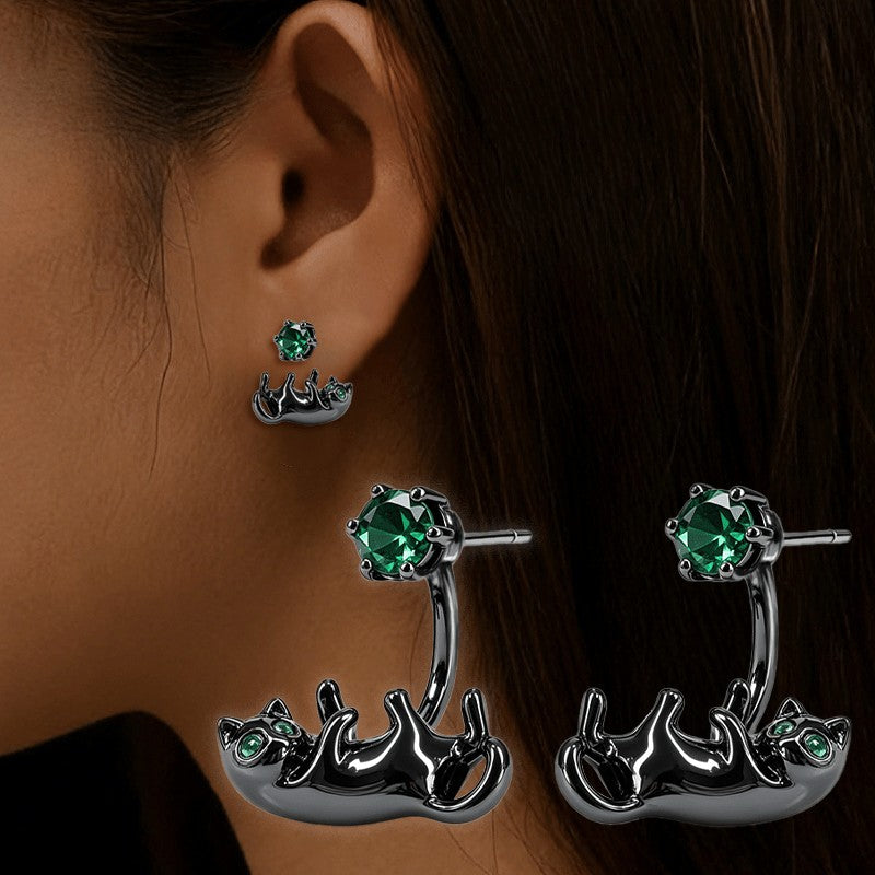 Green Crystal Reclining Cat Drop Earrings