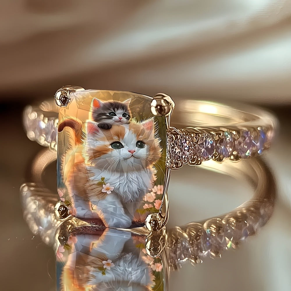 Kitten & Flower Square Ring