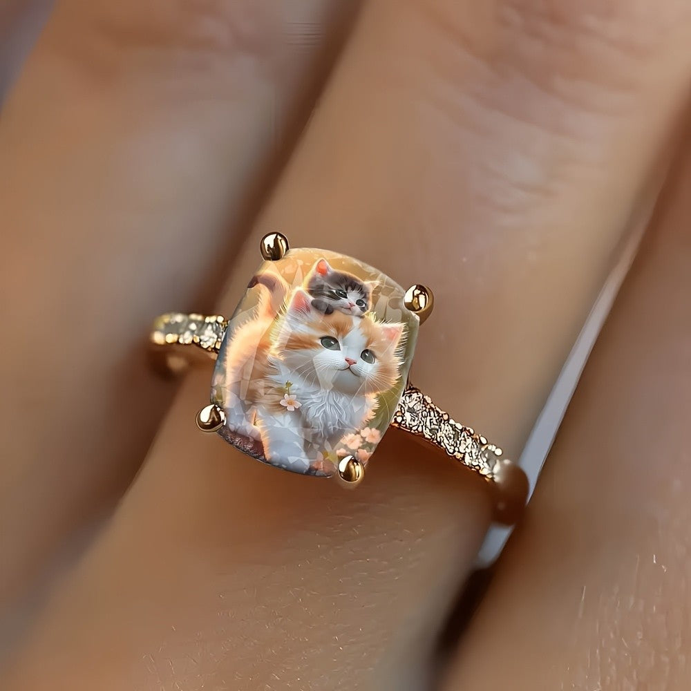 Kitten & Flower Square Ring