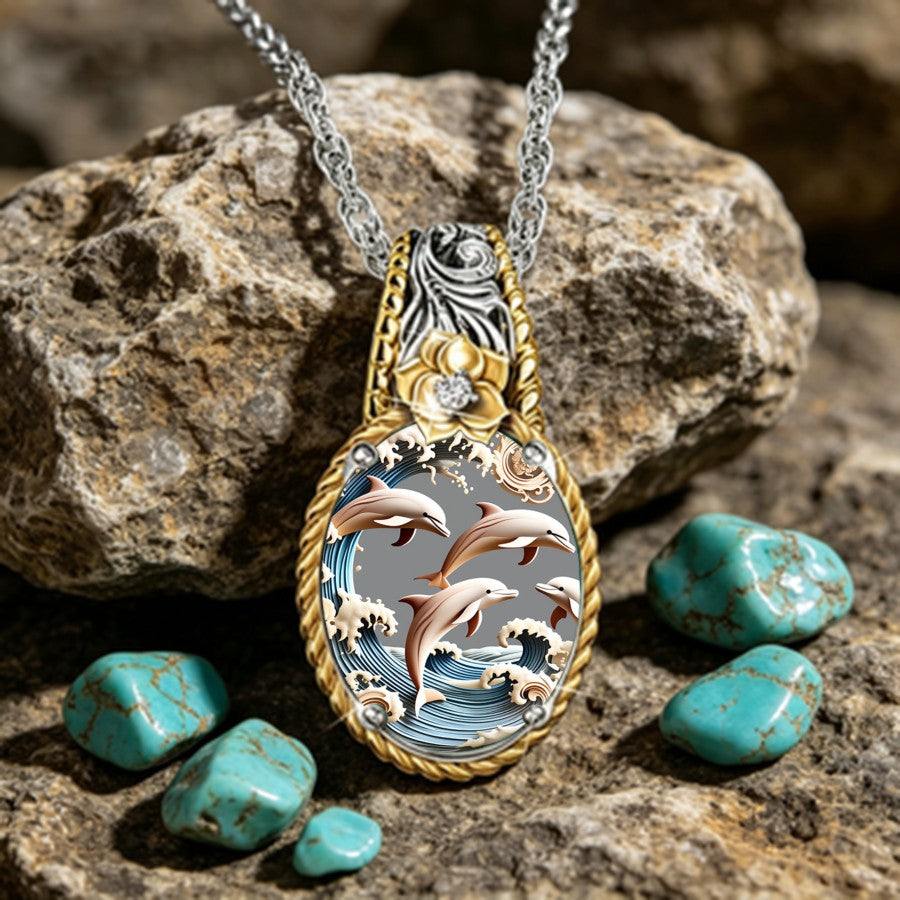 Dolphin Wave Teardrop Pendant Necklace