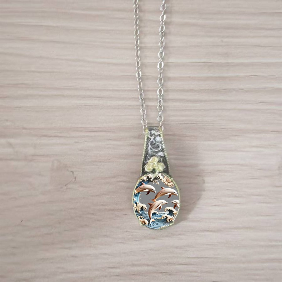 Dolphin Wave Teardrop Pendant Necklace