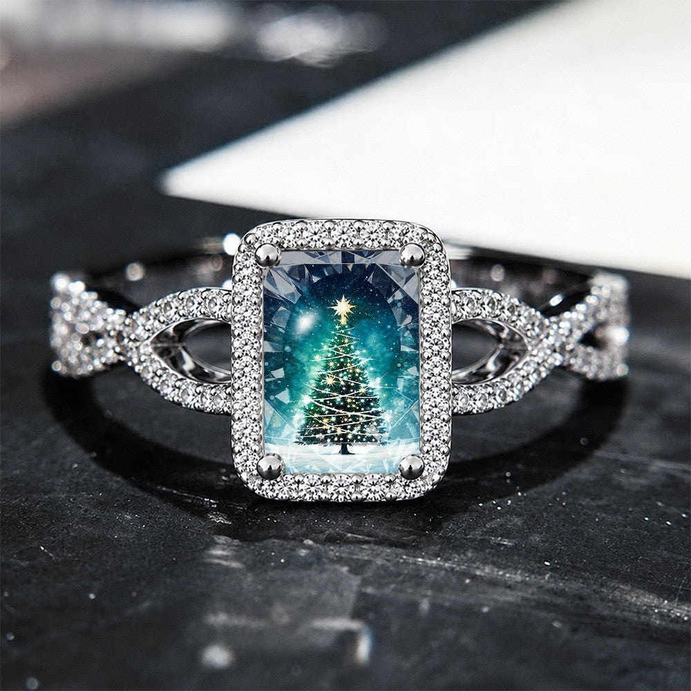 Illuminated Teal Pine Tree Square Ring