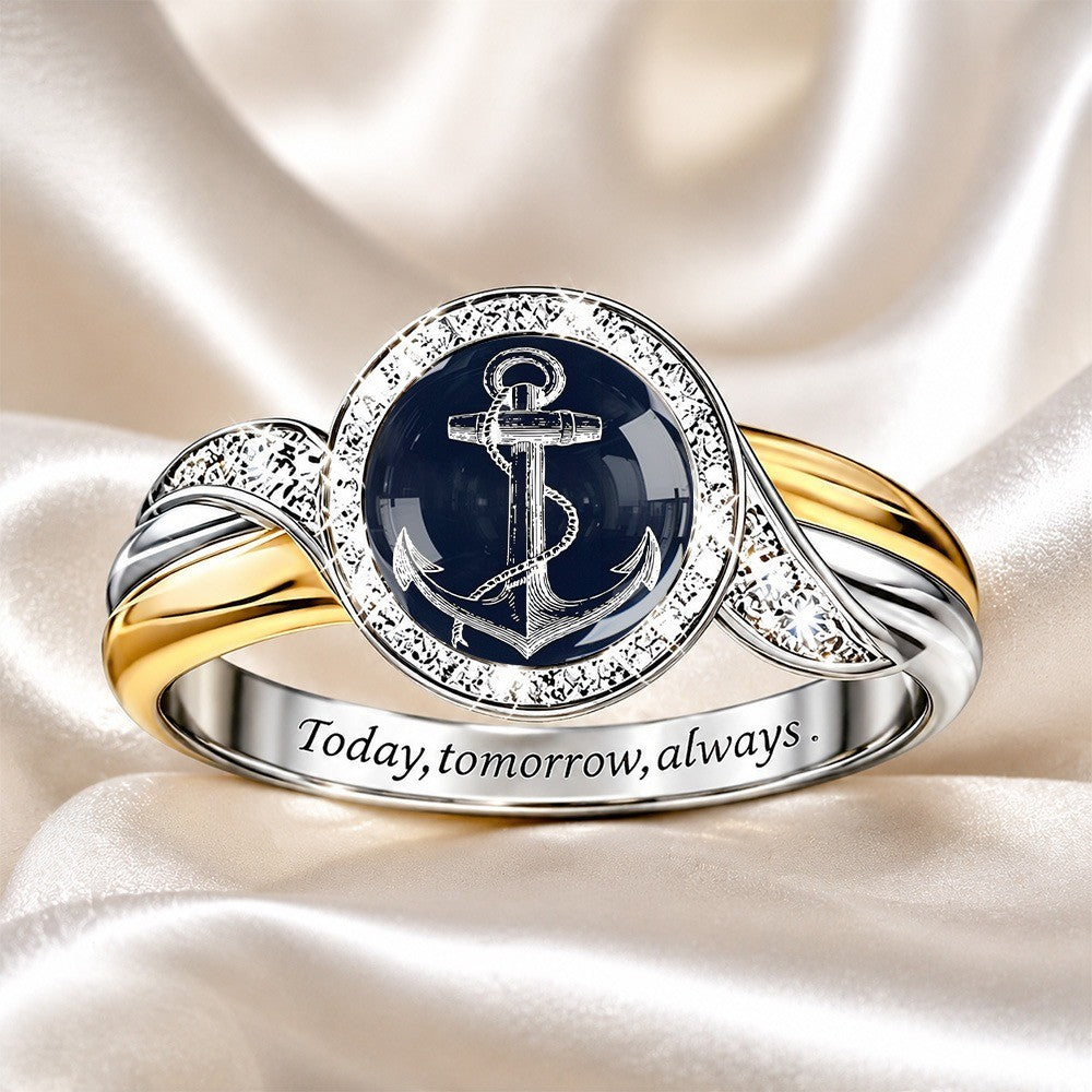 Navy Anchor Crystal Ring