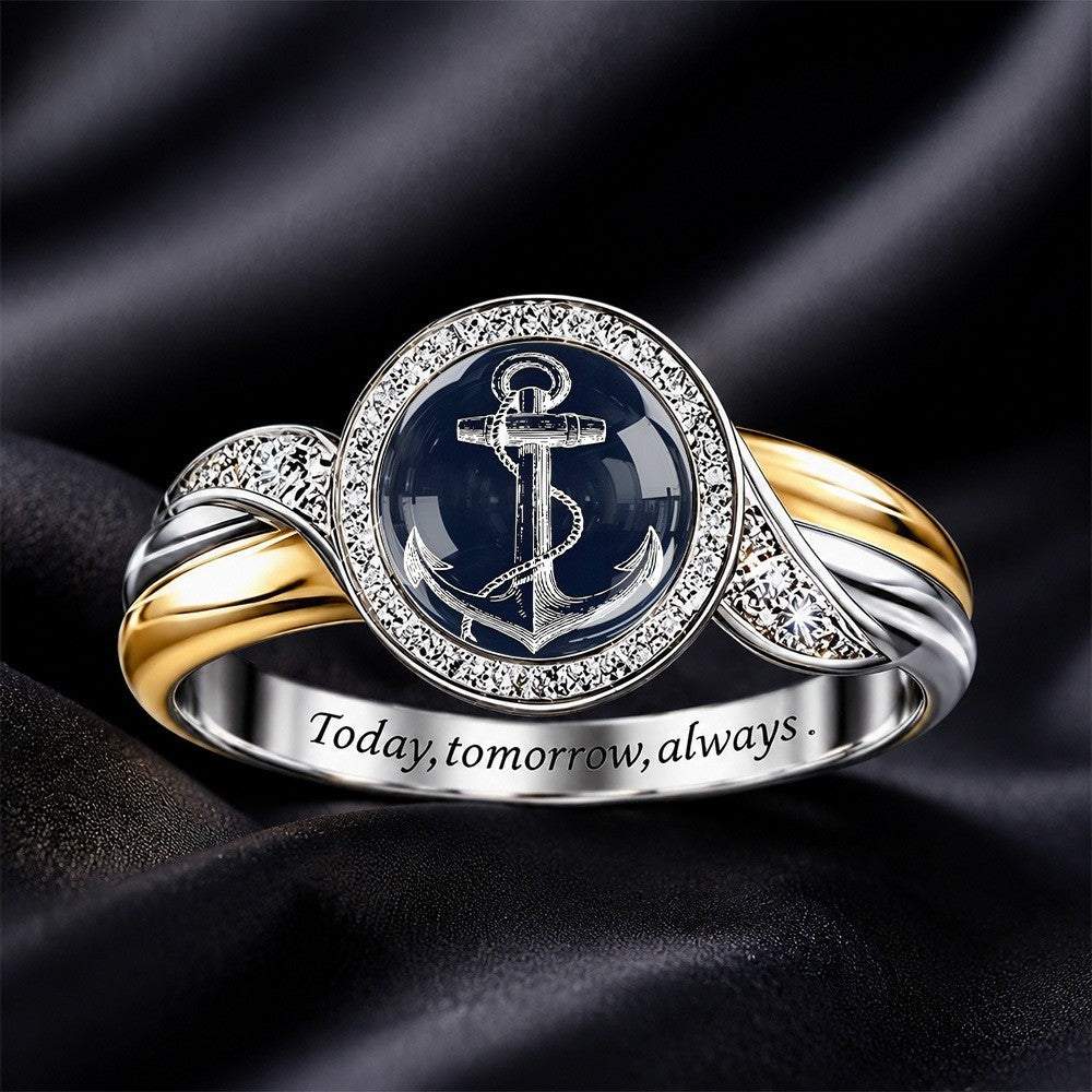 Navy Anchor Crystal Ring