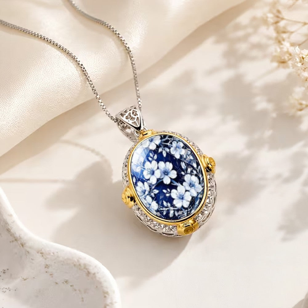 White Blue Floral Oval Pendant Necklace