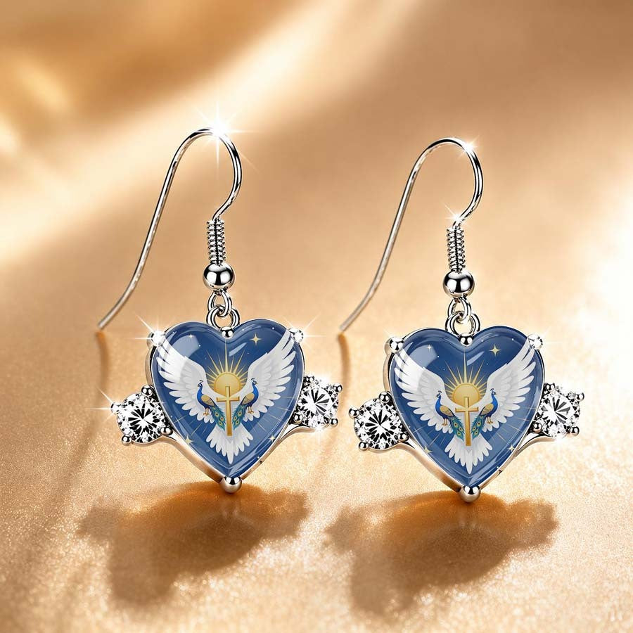 Blue Winged Cross Heart Drop Earrings