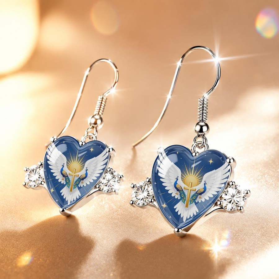 Blue Winged Cross Heart Drop Earrings