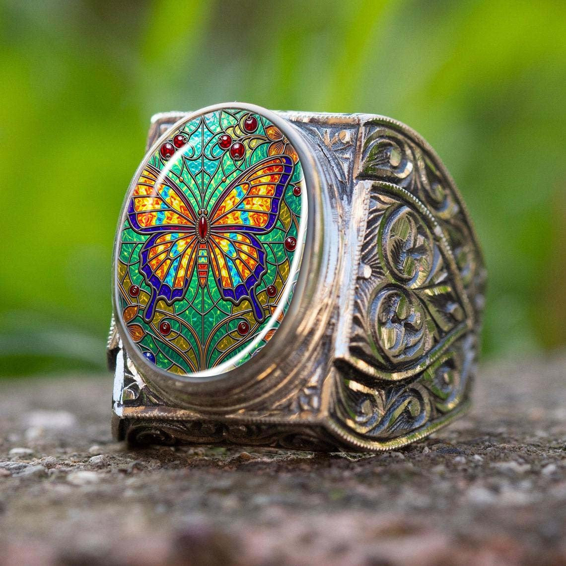 Stained Glass Butterfly Oval Ring