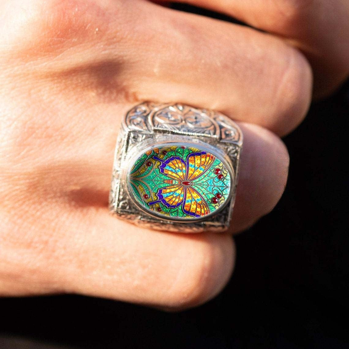 Stained Glass Butterfly Oval Ring
