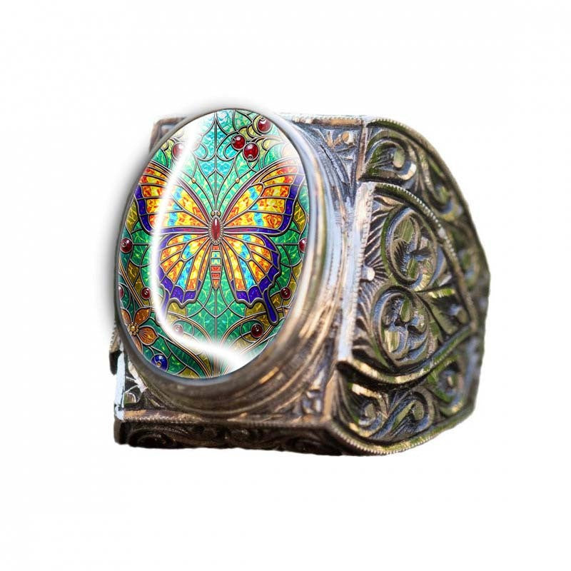 Stained Glass Butterfly Oval Ring