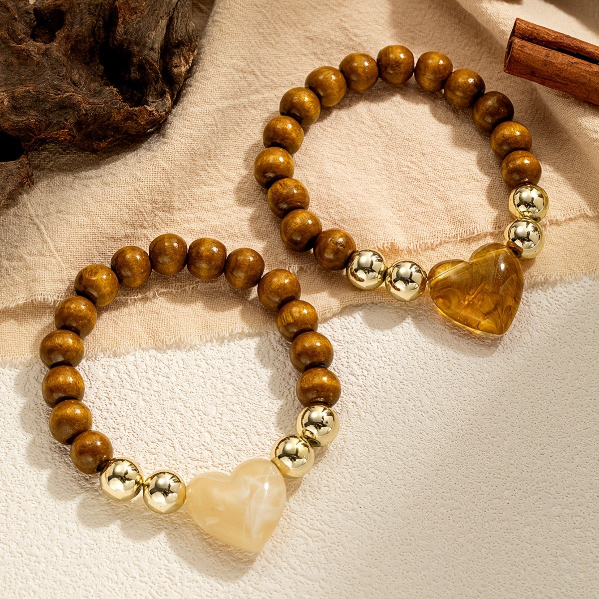 Wood Bead & Heart Charm Bracelet Set