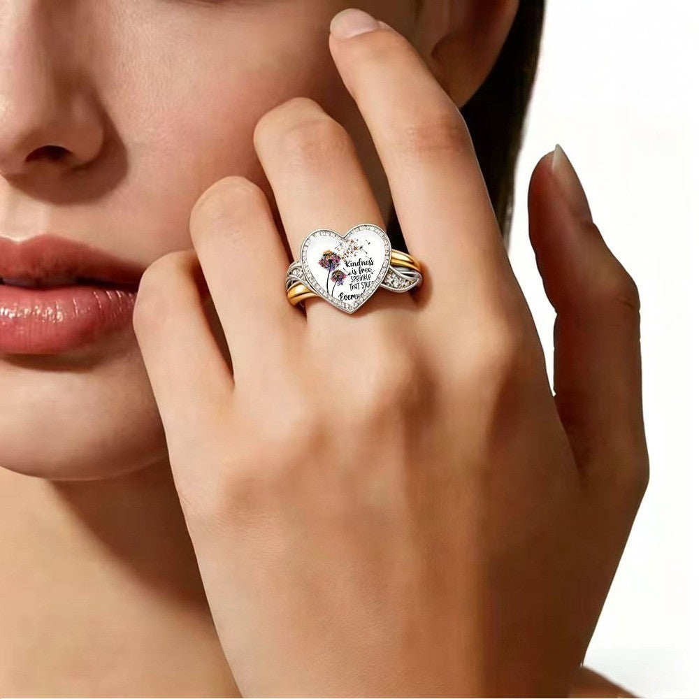 Kindness Dandelion Glass Heart Ring