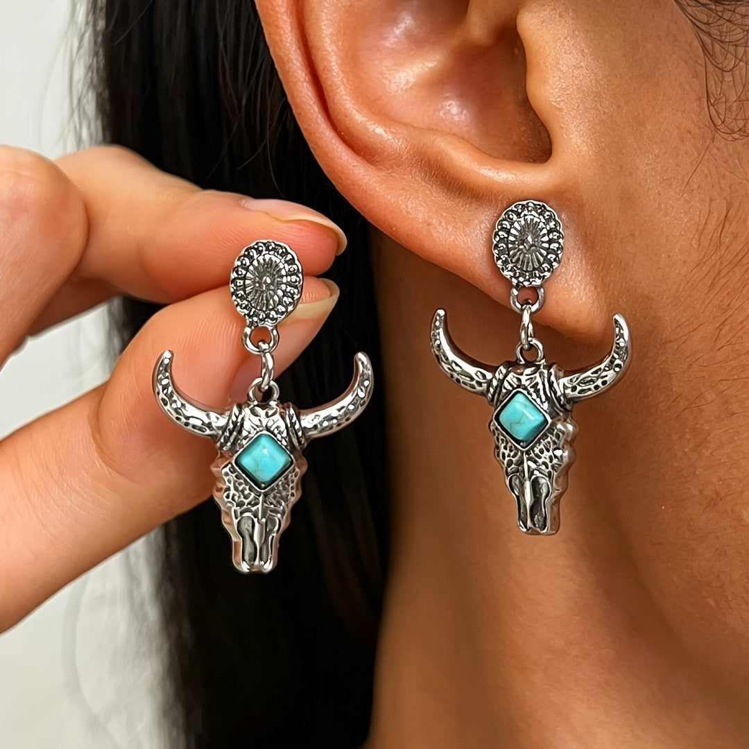Turquoise Inlay Bull Skull Drop Earrings