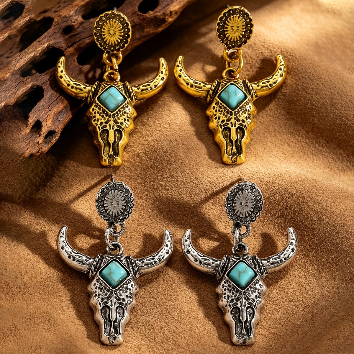 Turquoise Inlay Bull Skull Drop Earrings