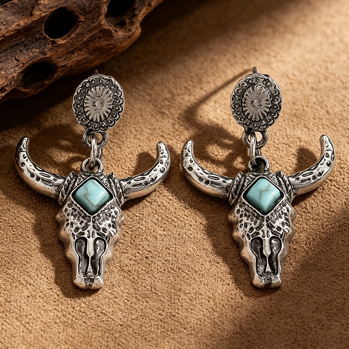 Turquoise Inlay Bull Skull Drop Earrings