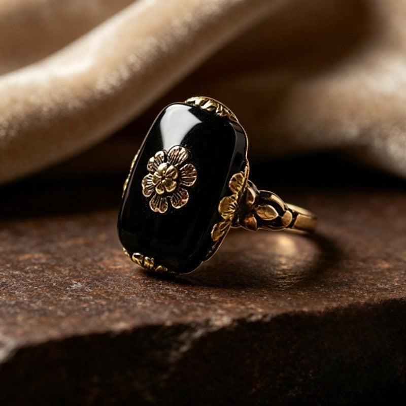 Black Floral Rectangle Ring